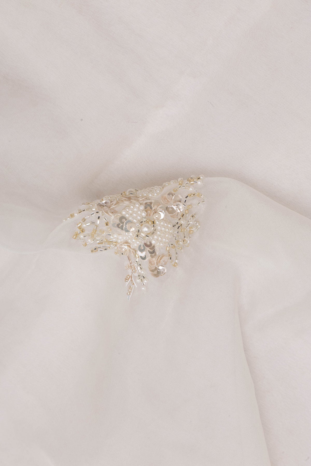 Close up of Off White Organza Saree with Embroidered on the body and Embroidered Border.  displaying folds