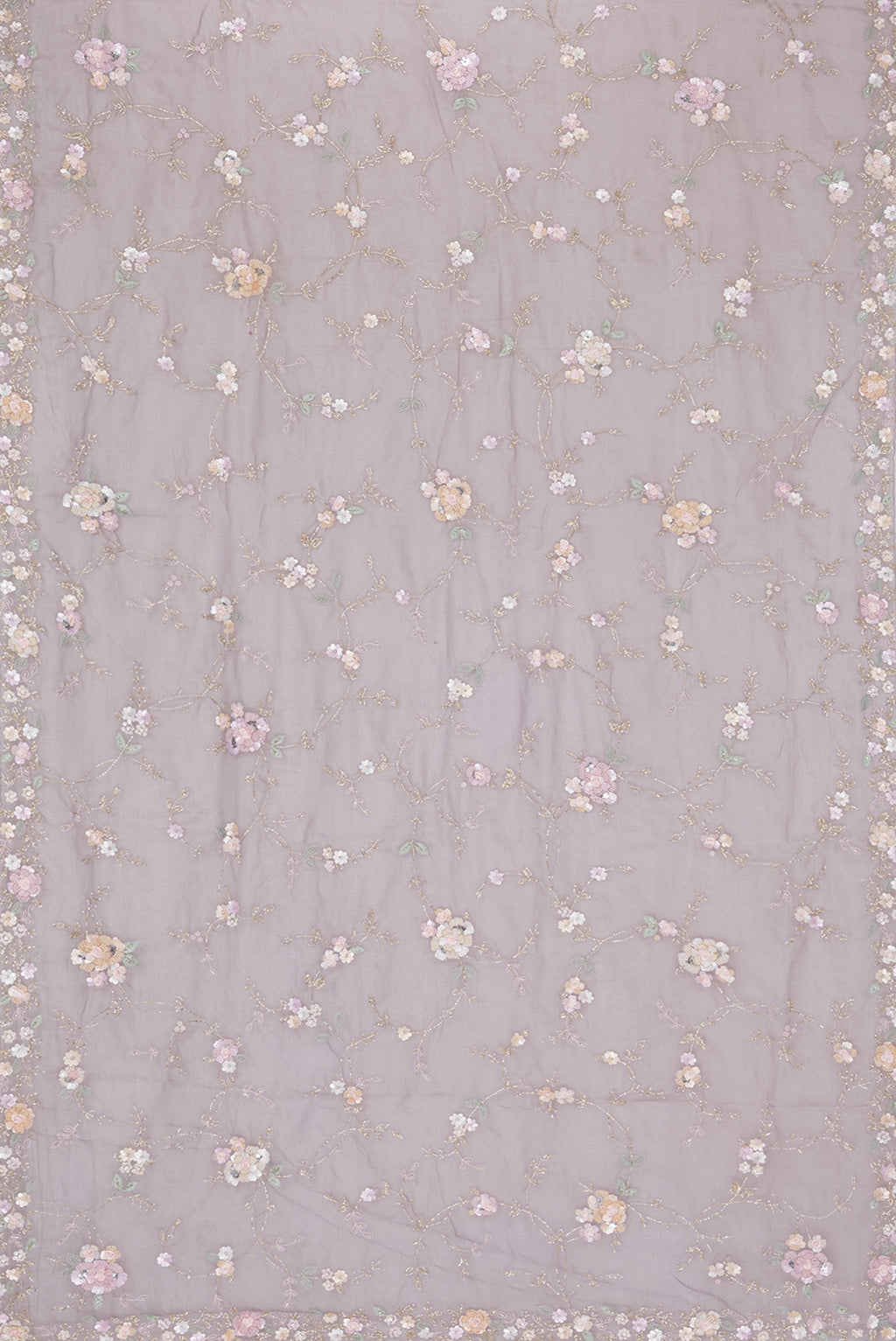 Flat view of Grey Organza Saree with Embroidered on the body and Sequin Border. 