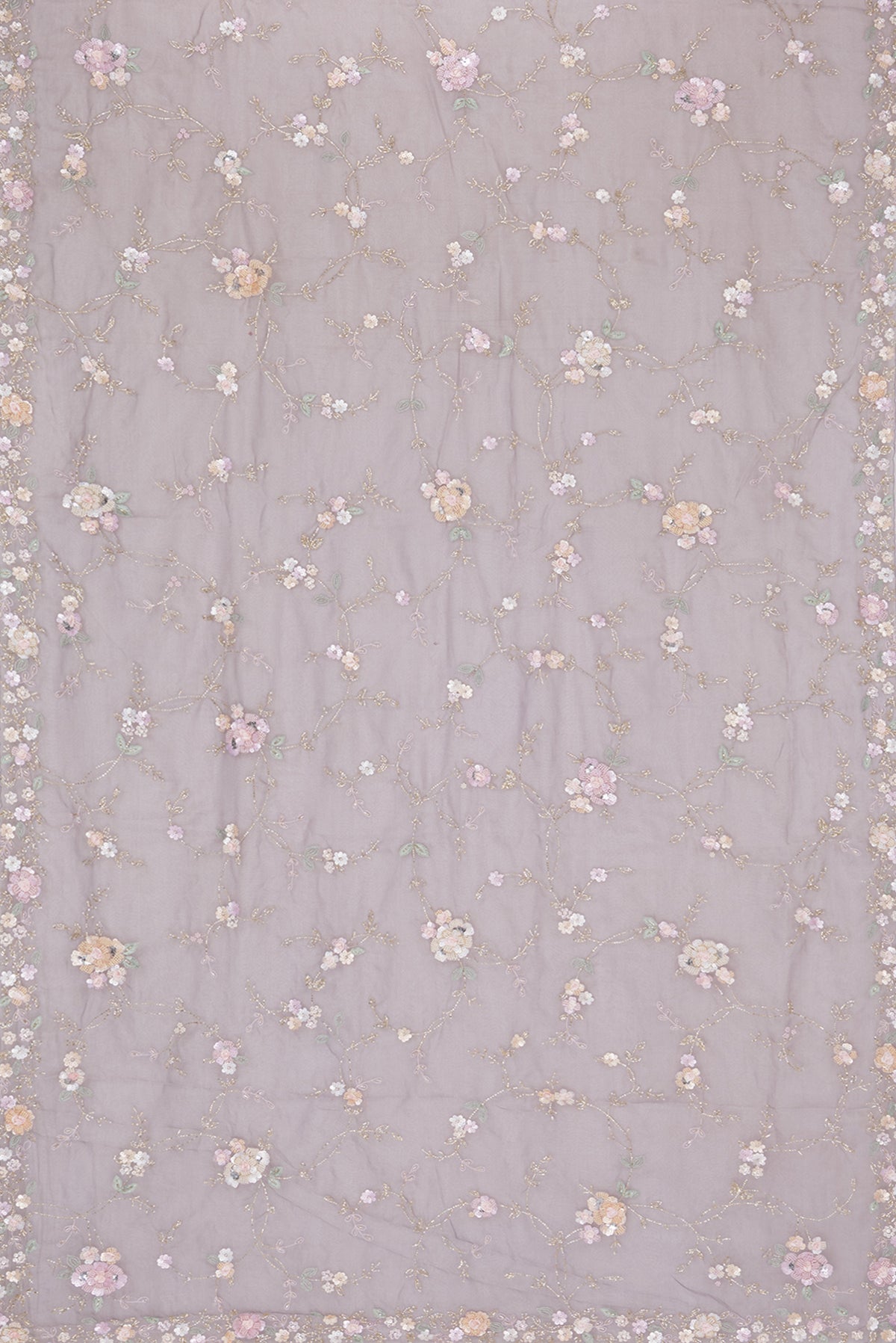 Flat view of Grey Organza Saree with Embroidered on the body and Sequin Border. 