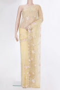 Pure Silk Lemon Yellow Organza Saree with Embroidered on the body and Embroidered Border.  displayed on a mannequin