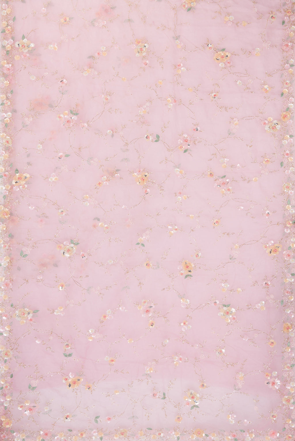 Flat view of Pure Silk Pink Organza Saree with Embroidered on the body and Sequin Border. 