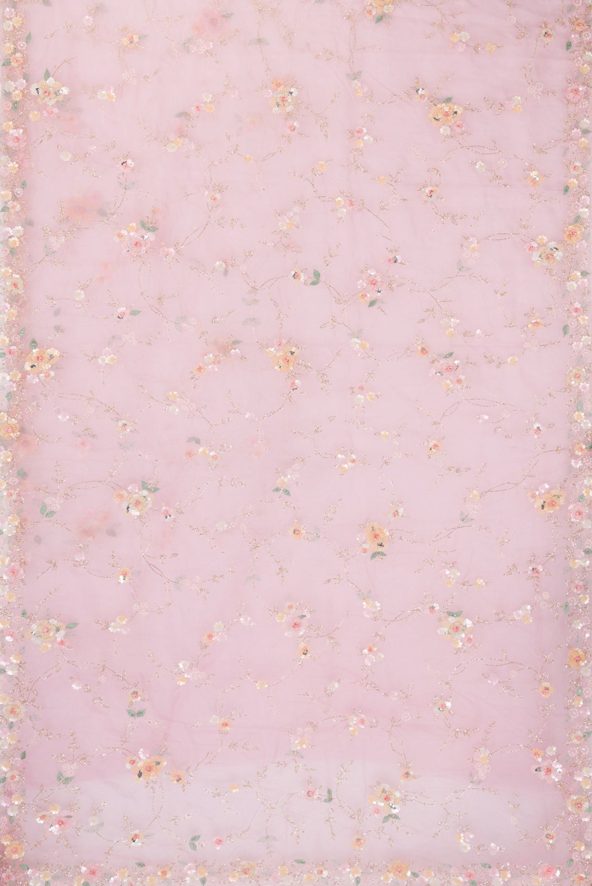 Flat view of Pure Silk Pink Organza Saree with Embroidered on the body and Sequin Border. 