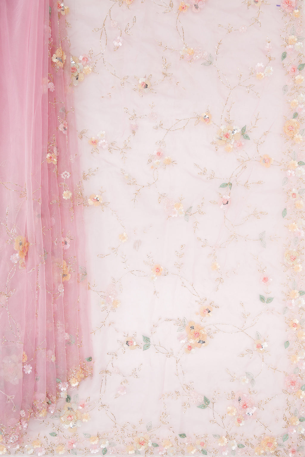 Pleats and pallu of Pure Silk Pink Organza Saree with Embroidered on the body and Sequin Border. 