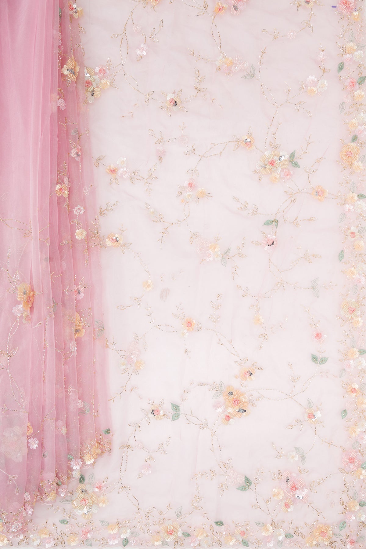 Pleats and pallu of Pure Silk Pink Organza Saree with Embroidered on the body and Sequin Border. 