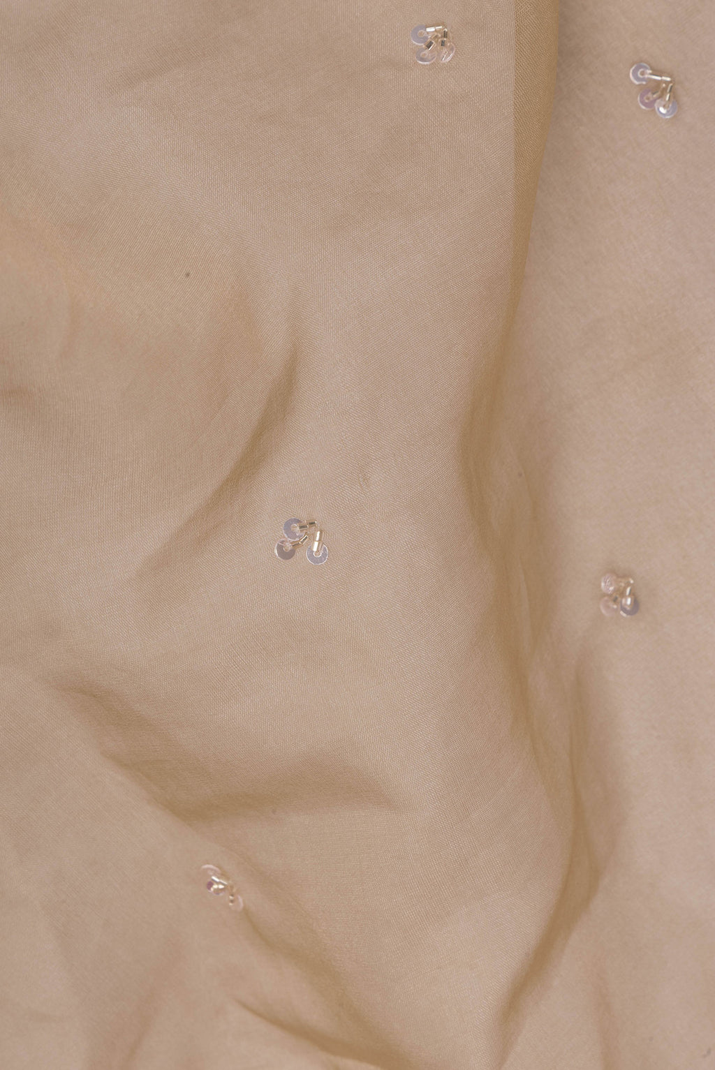 Close up of Beige Dual Tone Organza Saree with Embroidered on the body and Sequin Border.  displaying folds