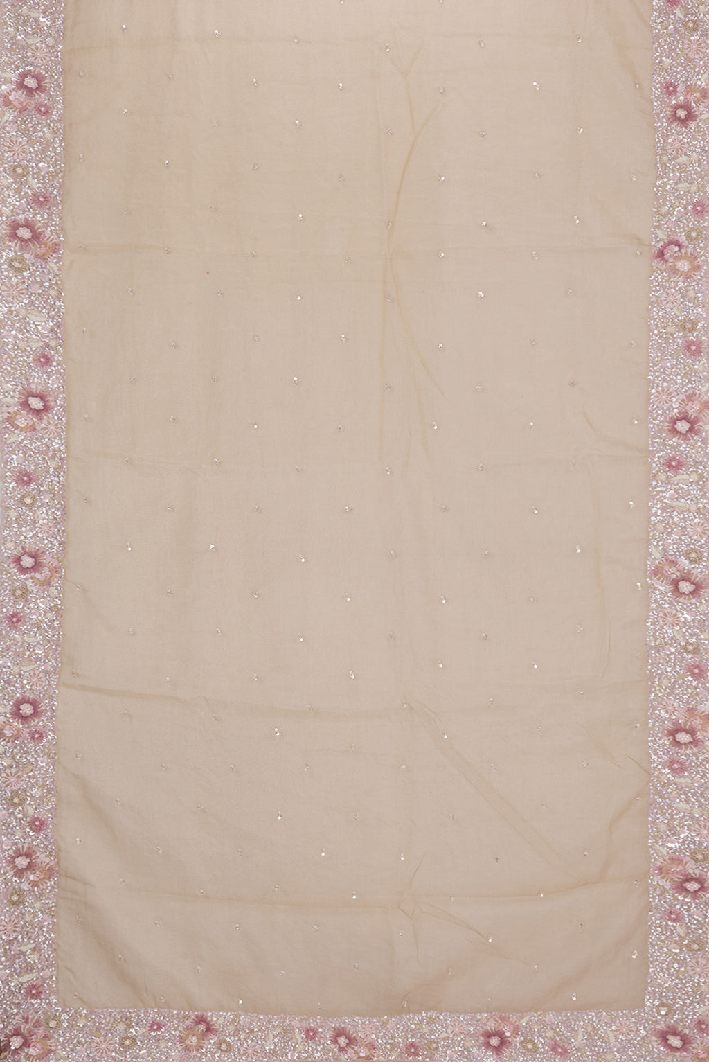 Flat view of Beige Dual Tone Organza Saree with Embroidered on the body and Sequin Border. 