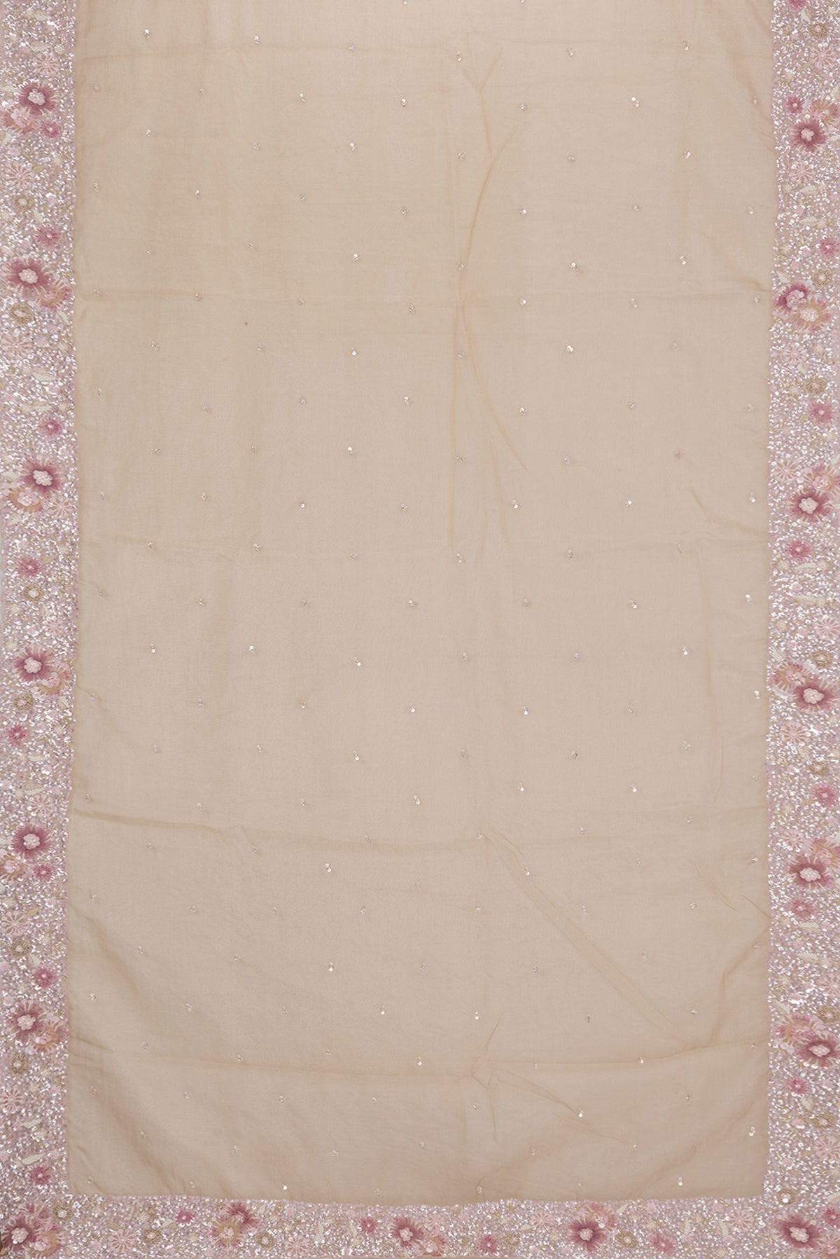 Flat view of Beige Dual Tone Organza Saree with Embroidered on the body and Sequin Border. 