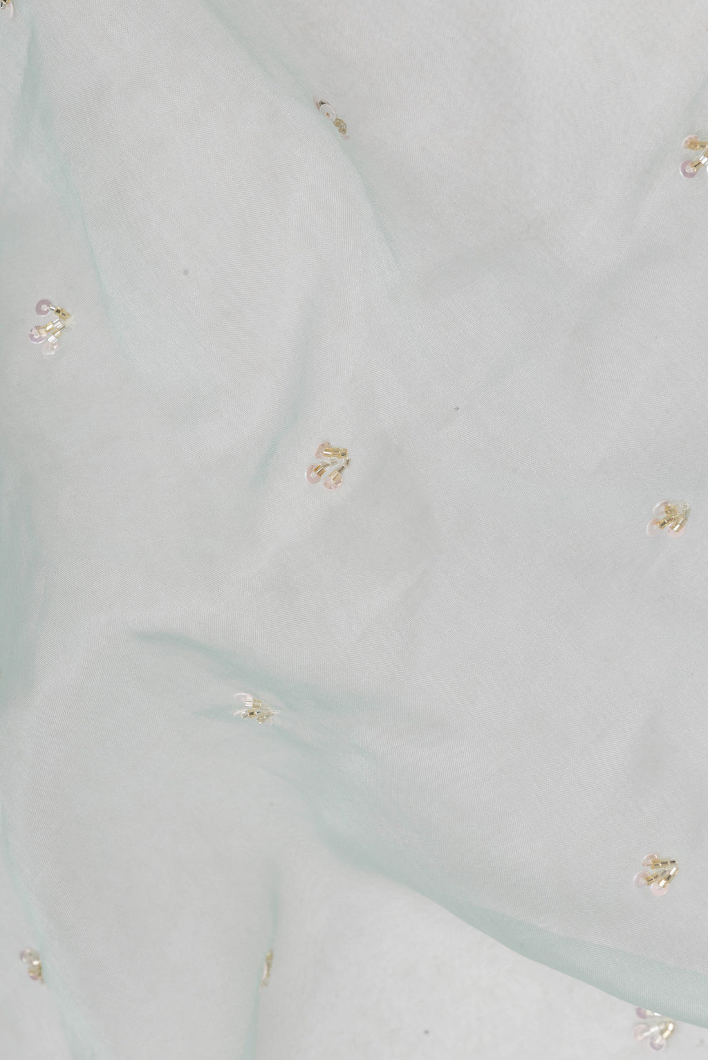 Close up of Pure Silk Light Blue Organza Saree with Embroidered on the body and Embroidered Border.  displaying folds