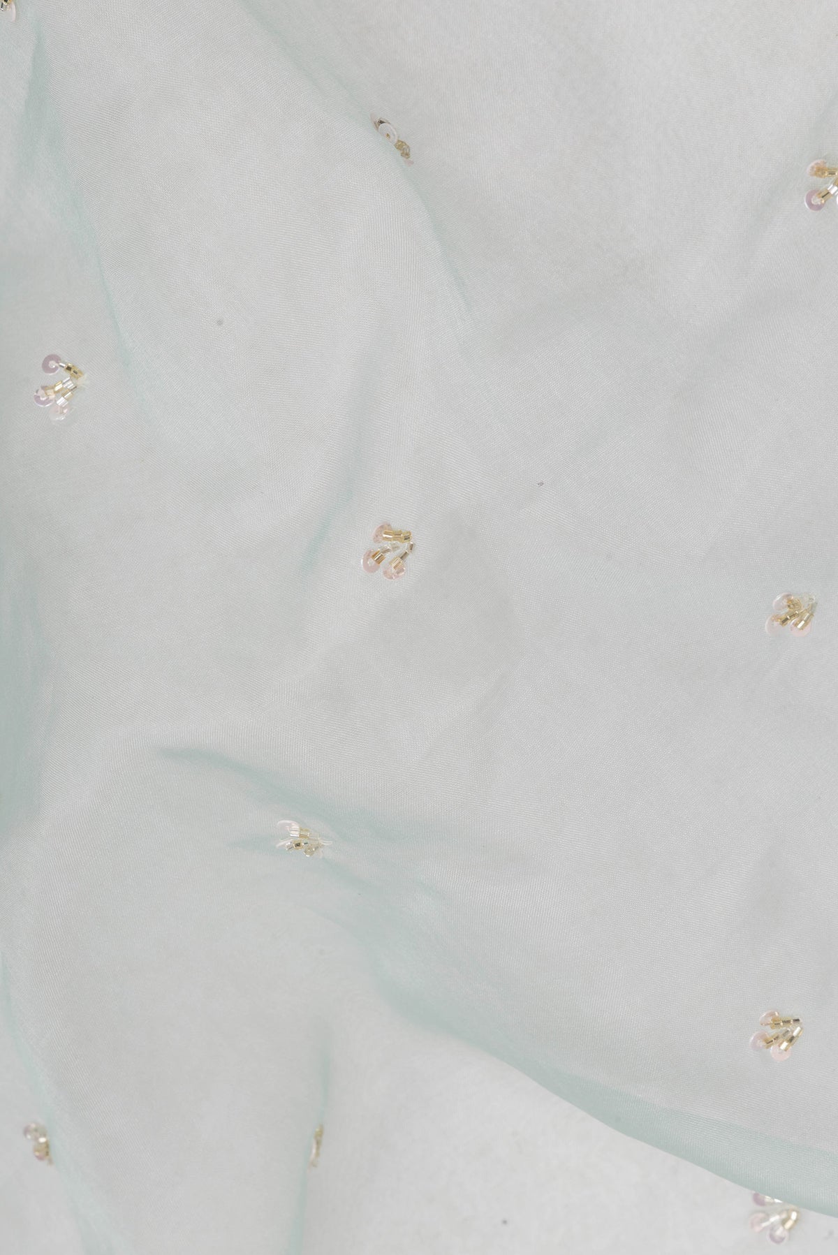 Close up of Pure Silk Light Blue Organza Saree with Embroidered on the body and Embroidered Border.  displaying folds