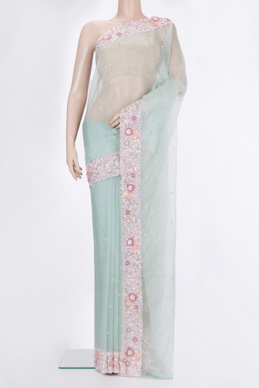 Pure Silk Light Blue Organza Saree with Embroidered on the body and Embroidered Border.  displayed on a mannequin