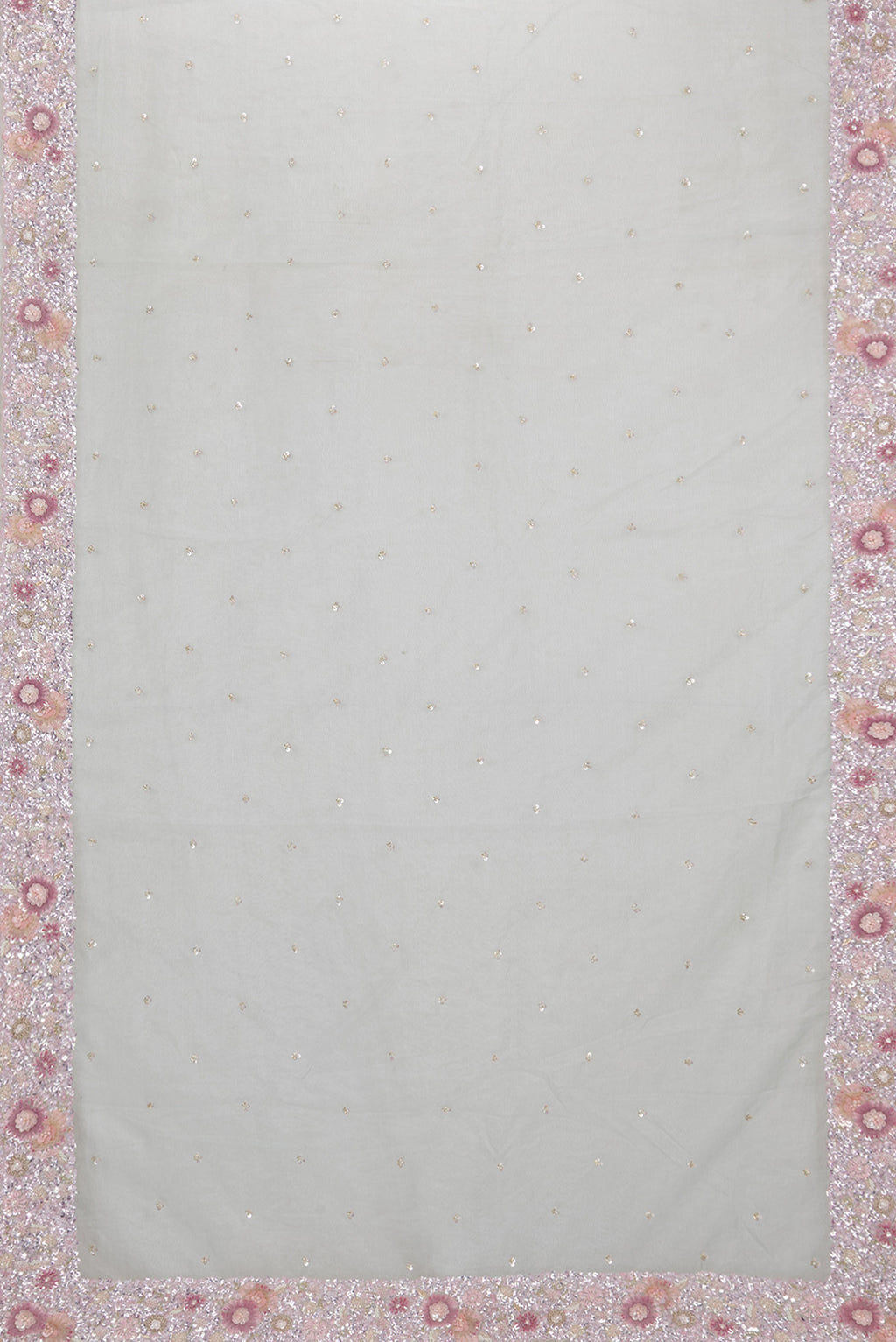 Flat view of Pure Silk Light Blue Organza Saree with Embroidered on the body and Embroidered Border. 