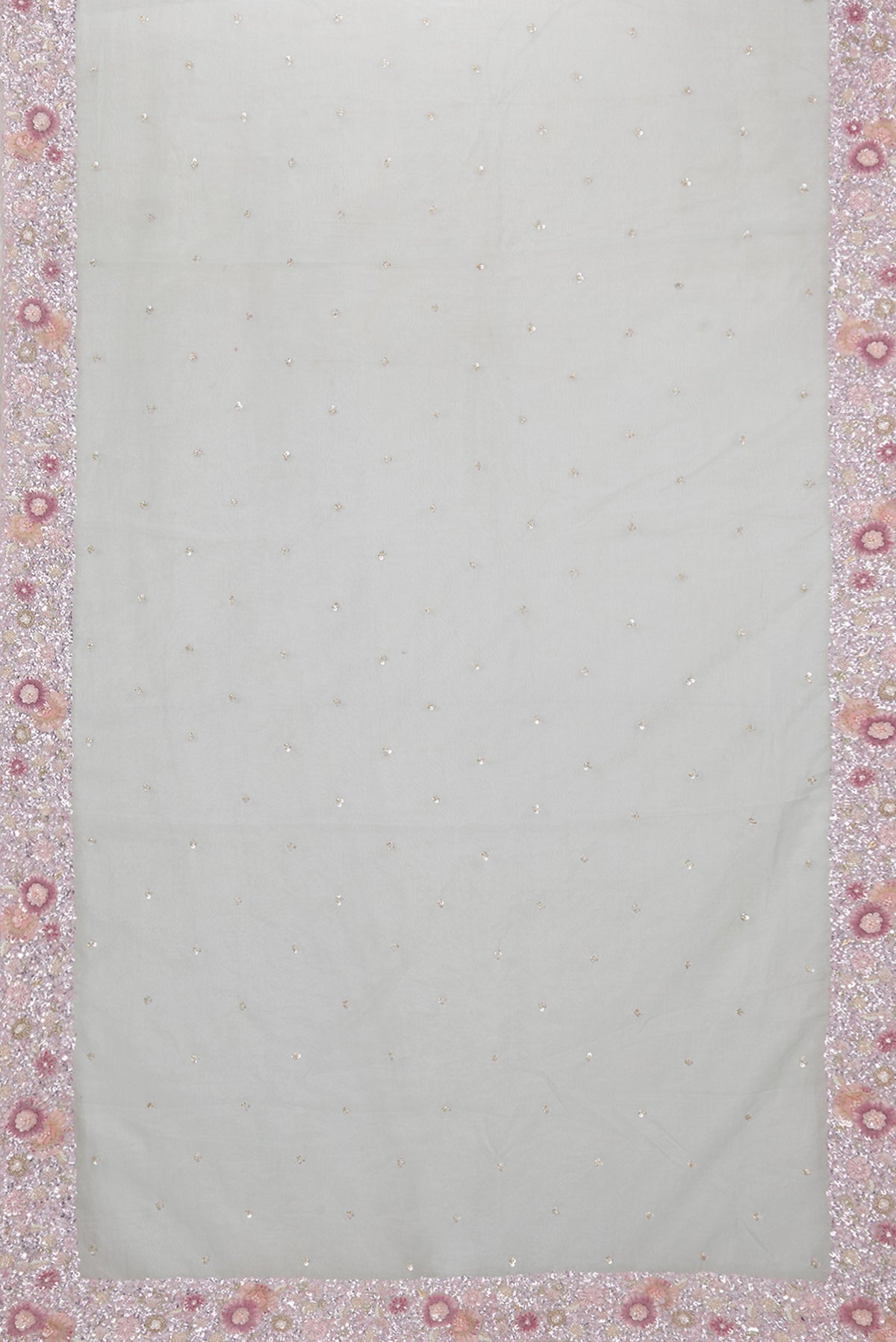 Flat view of Pure Silk Light Blue Organza Saree with Embroidered on the body and Embroidered Border. 