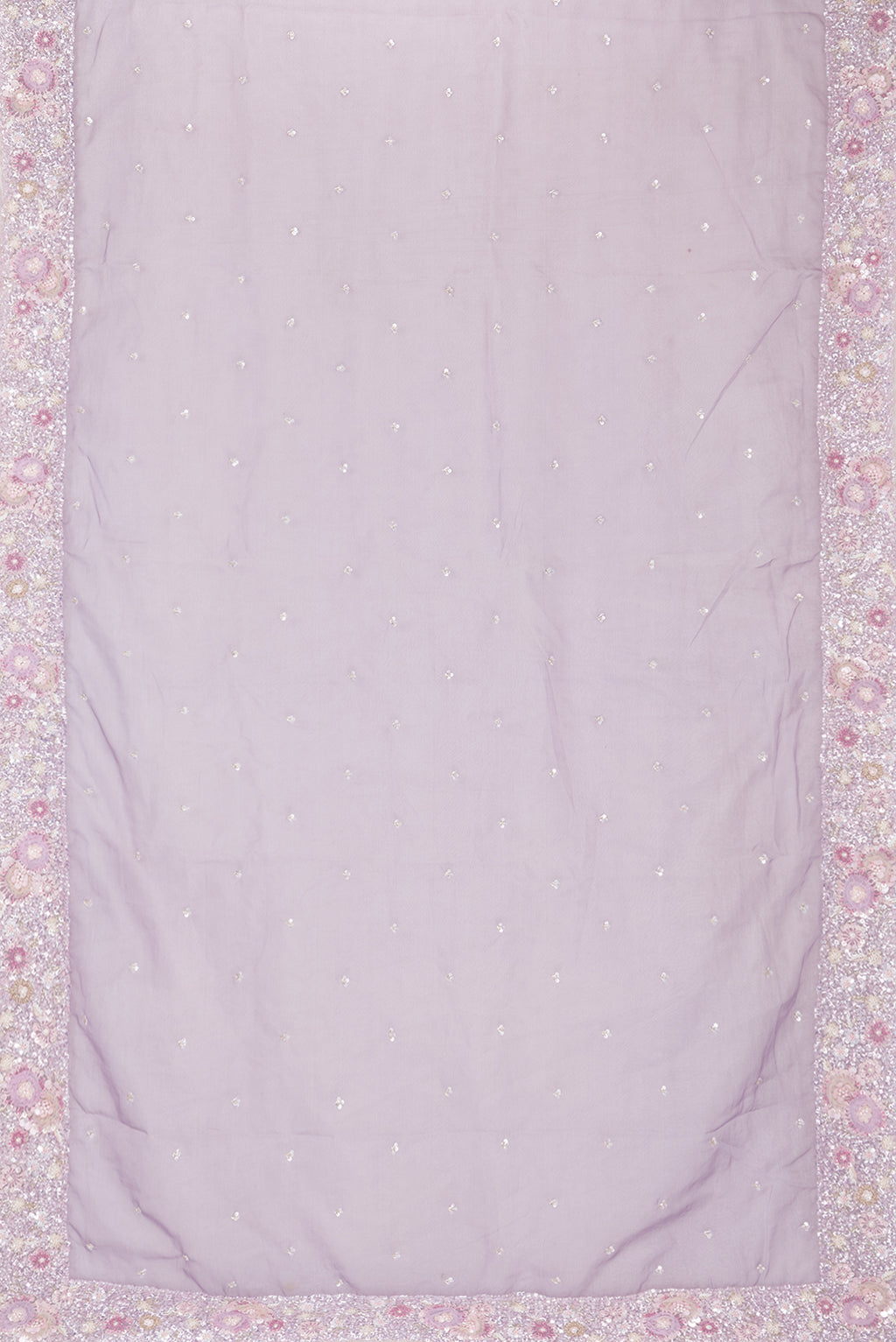 Flat view of Pure Silk Lavender Dual Tone Organza Saree with Embroidery on the body and Sequin Border. 