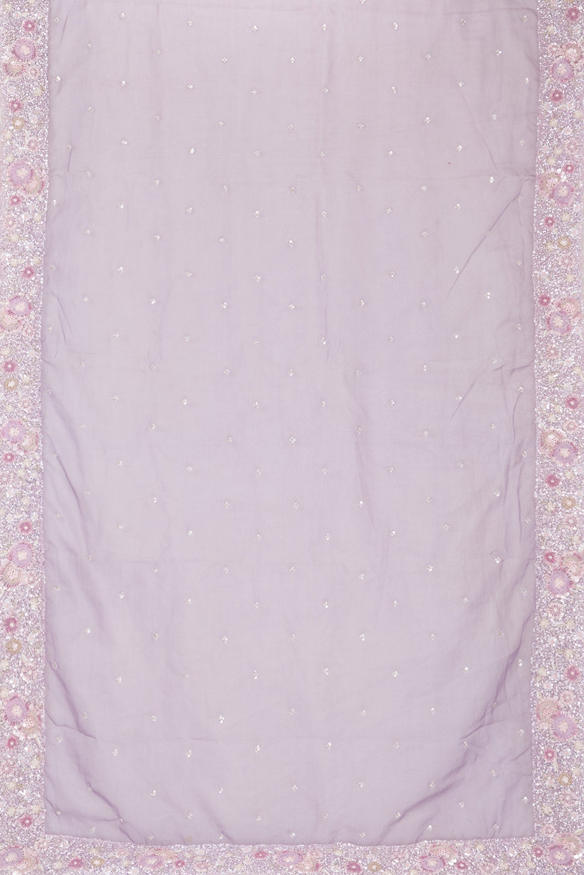 Flat view of Pure Silk Lavender Dual Tone Organza Saree with Embroidery on the body and Sequin Border. 
