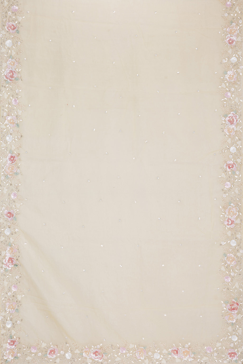 Flat view of Lemon Yellow Organza Saree with Embroidered on the body and Sequin Border. 
