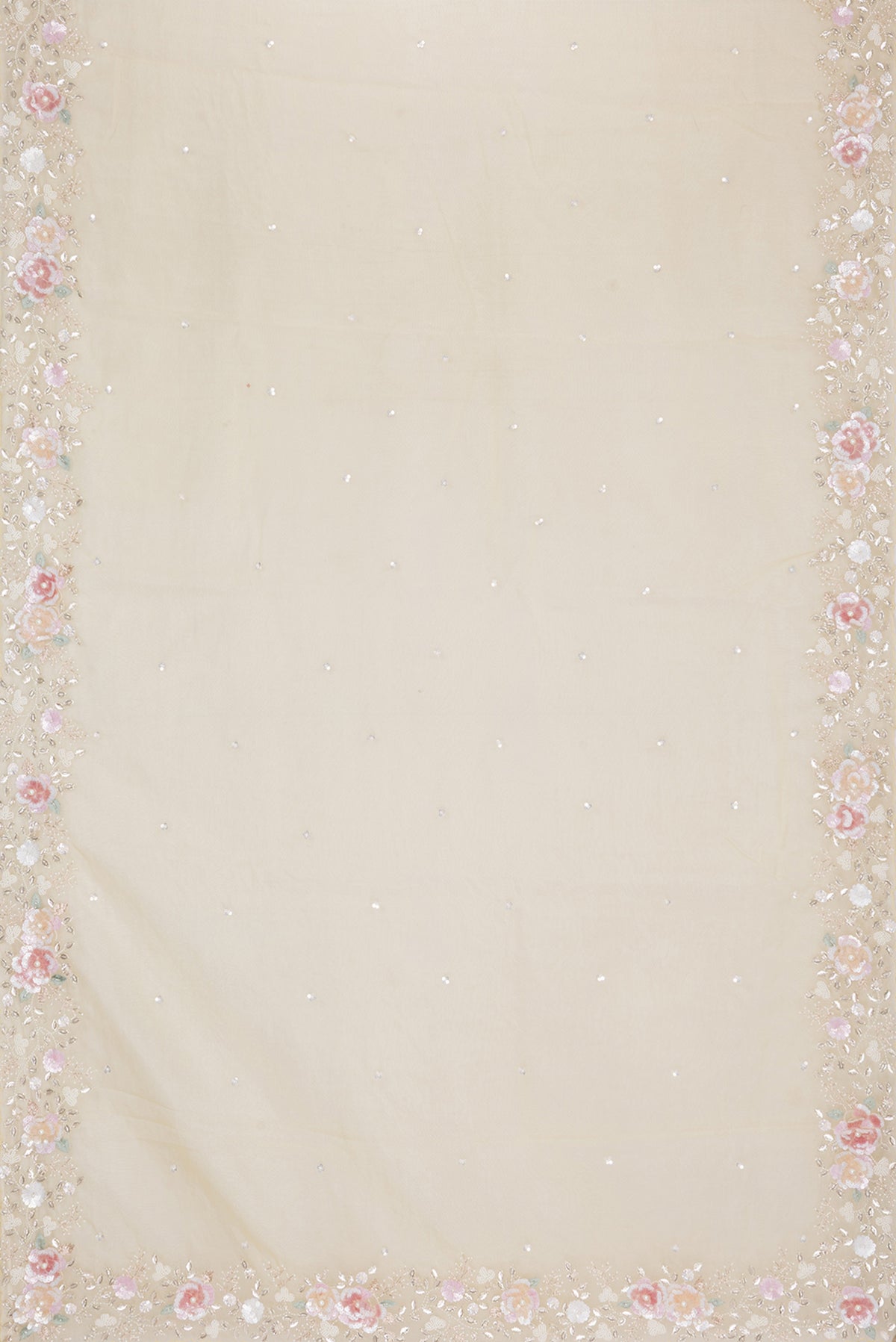 Flat view of Lemon Yellow Organza Saree with Embroidered on the body and Sequin Border. 