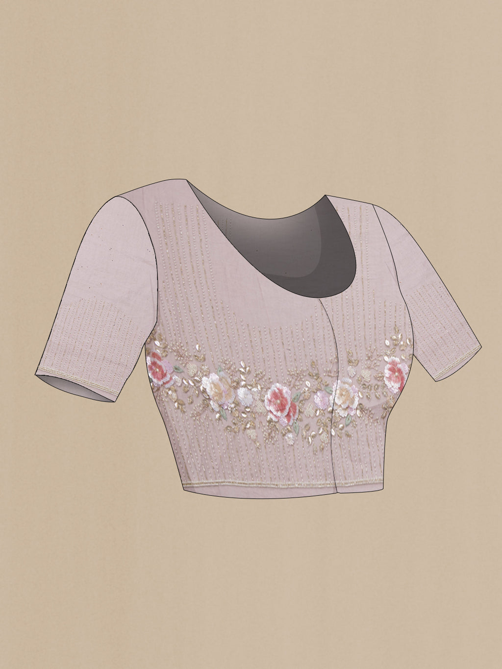 Close up image of the blouse of Grey Organza Saree with Embroidered on the body and Sequin Border. 