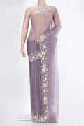 Grey Organza Saree with Embroidered on the body and Sequin Border.  displayed on a mannequin
