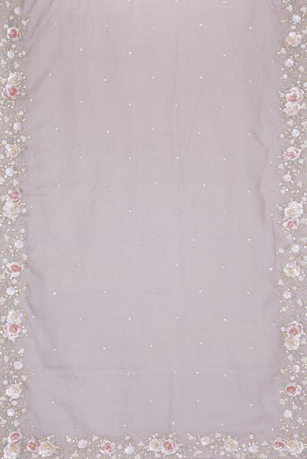 Flat view of Grey Organza Saree with Embroidered on the body and Sequin Border. 