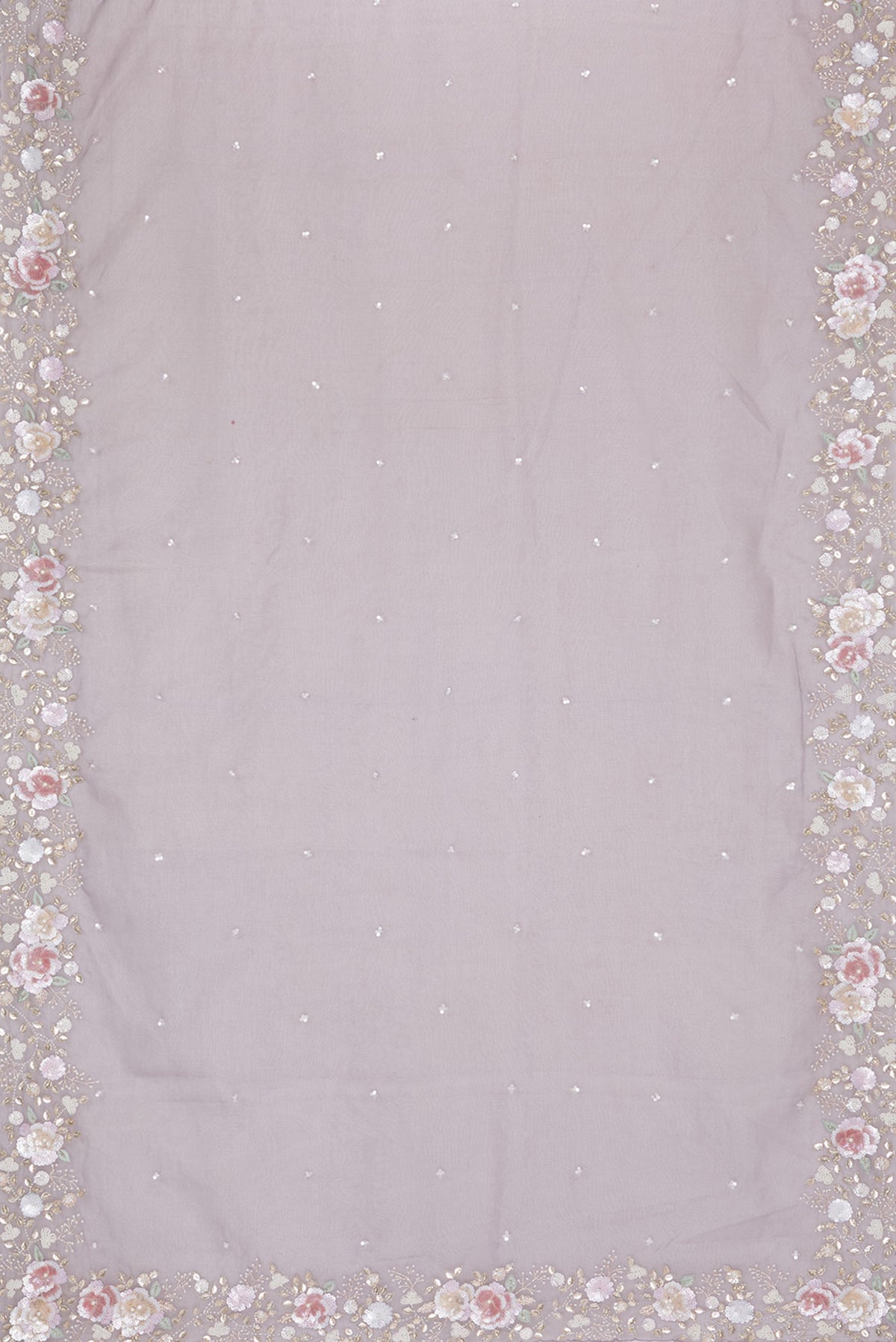 Flat view of Grey Organza Saree with Embroidered on the body and Sequin Border. 
