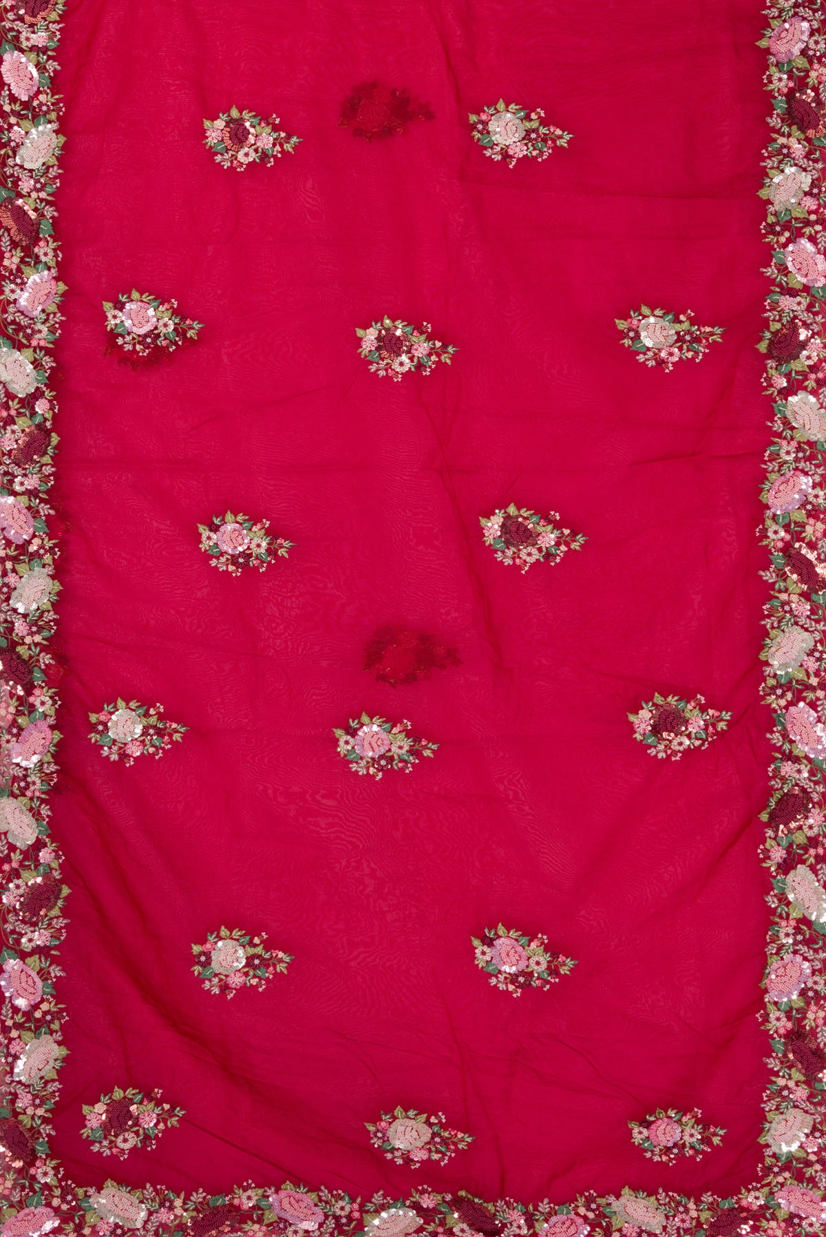 Flat view of Red Organza Saree with Embroidered on the body and Sequin Border. 