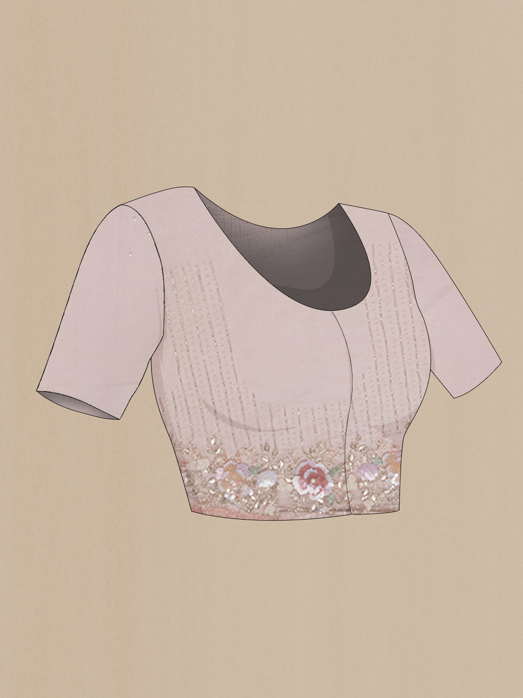 Close up image of the blouse of Peach Organza Saree with Embroidered on the body and Sequin Border. 