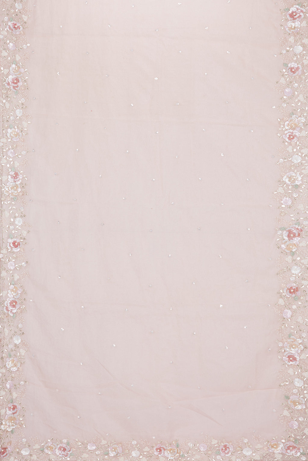 Flat view of Peach Organza Saree with Embroidered on the body and Sequin Border. 