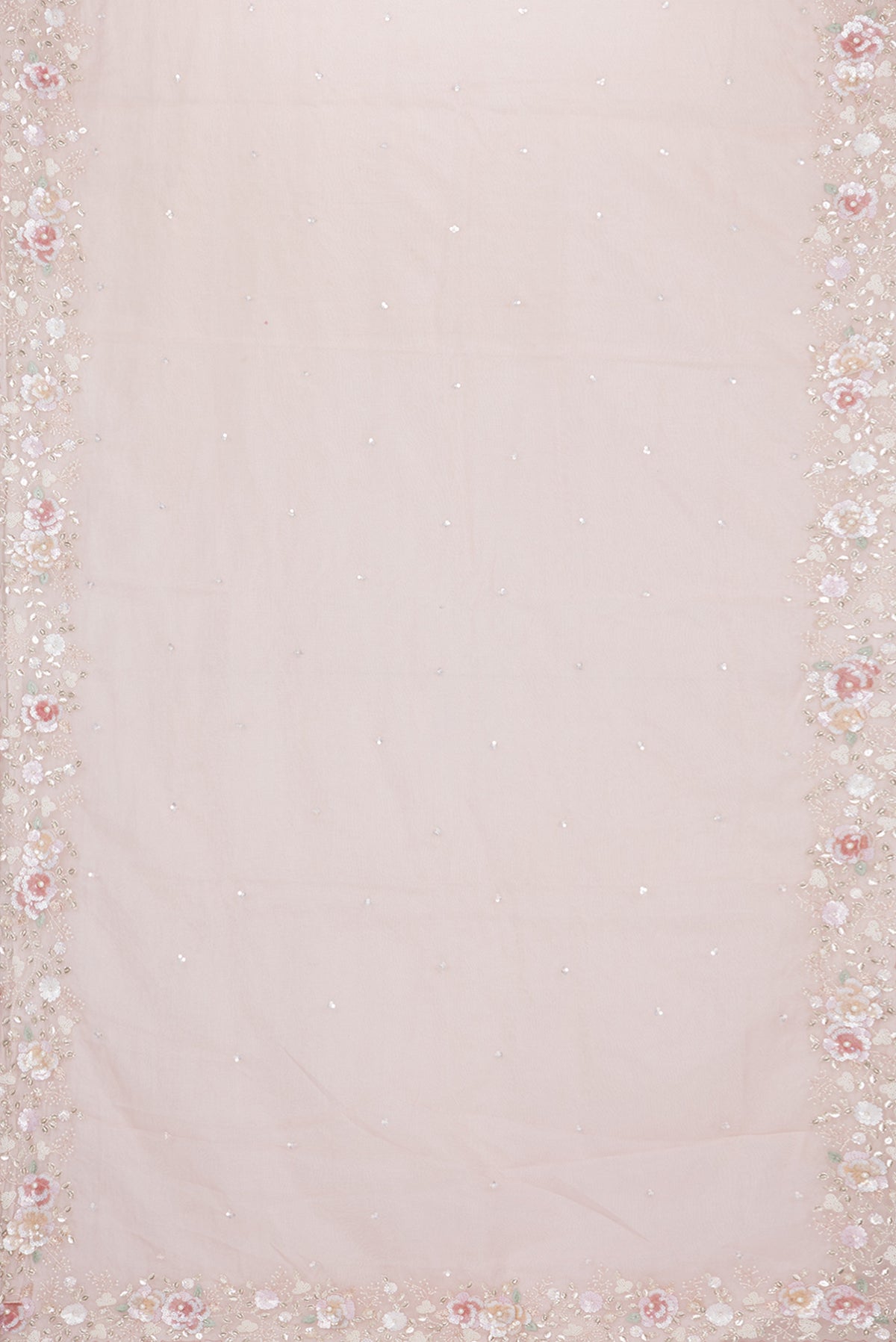 Flat view of Peach Organza Saree with Embroidered on the body and Sequin Border. 