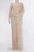 Beige Organza Saree with Embroidered on the body and Sequin Border.  displayed on a mannequin