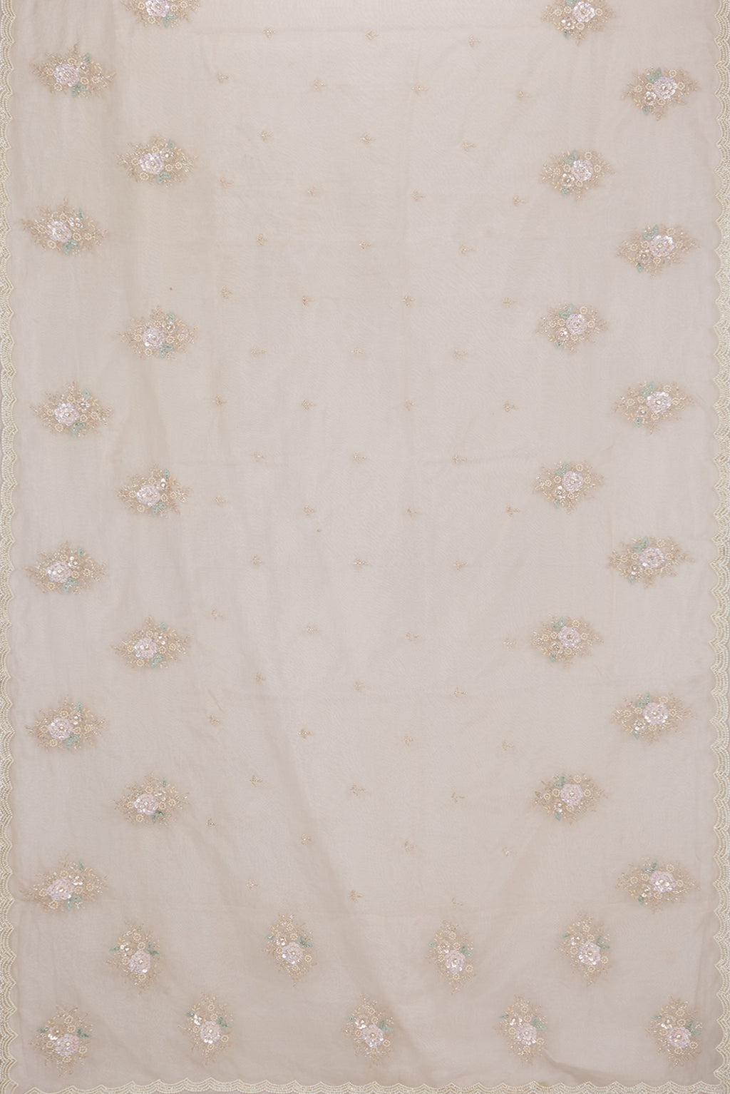 Flat view of Beige Organza Saree with Embroidered on the body and Sequin Border. 