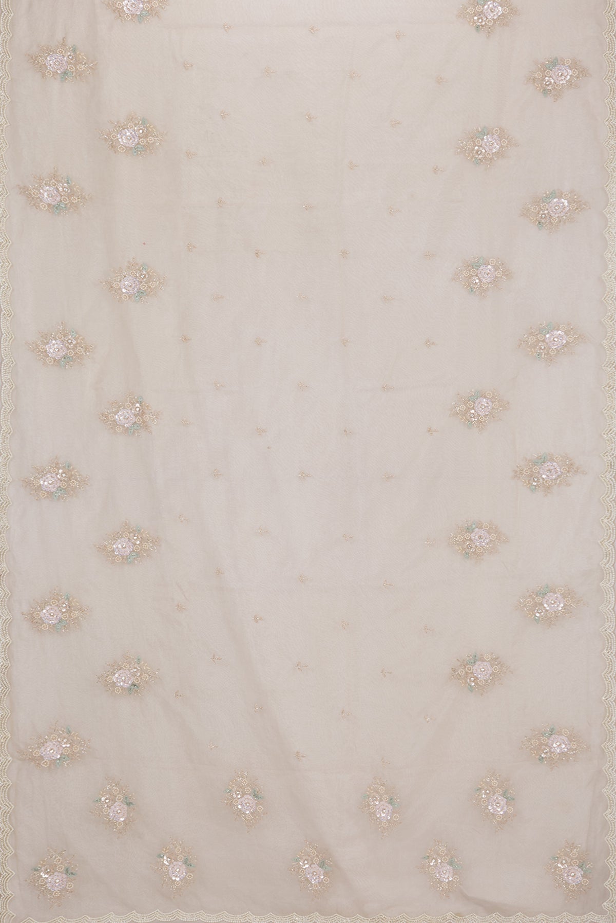 Flat view of Beige Organza Saree with Embroidered on the body and Sequin Border. 