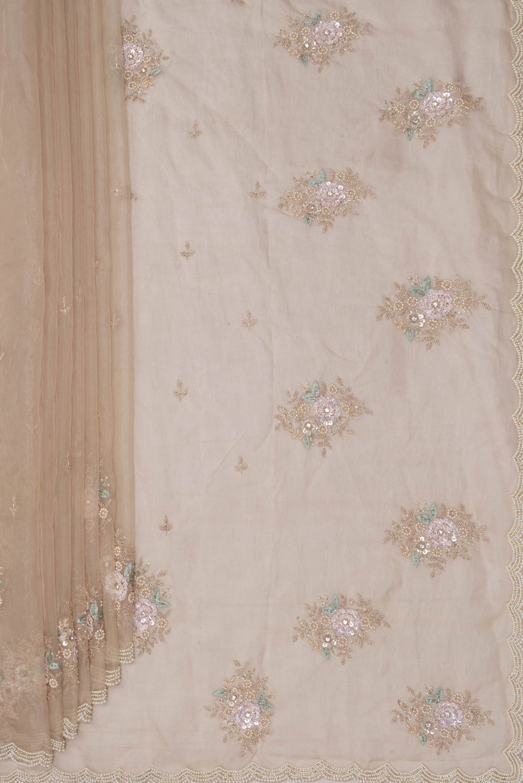 Pleats and pallu of Beige Organza Saree with Embroidered on the body and Sequin Border. 
