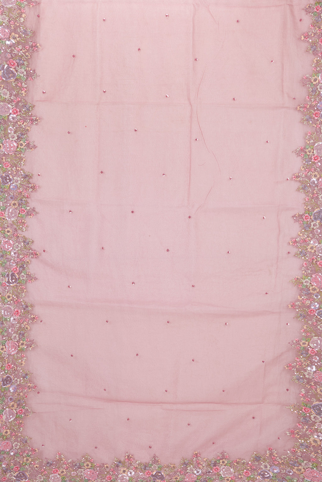 Flat view of Mauve Organza Saree with Embroidered on the body and Embroidered Border. 