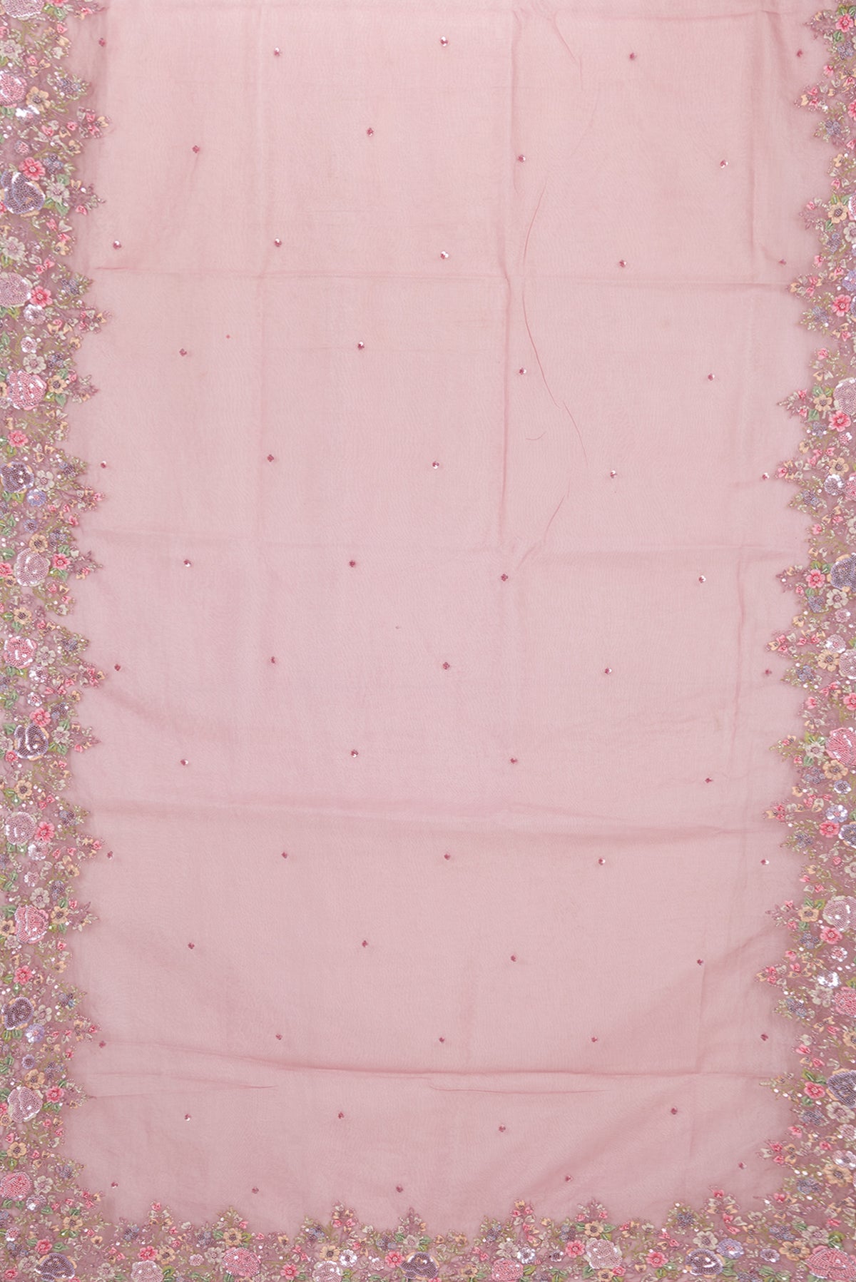 Flat view of Mauve Organza Saree with Embroidered on the body and Embroidered Border. 