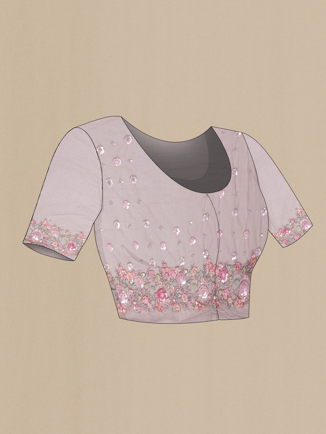Close up image of the blouse of Grey Organza Saree with Embroidered on the body and Sequin Border. 