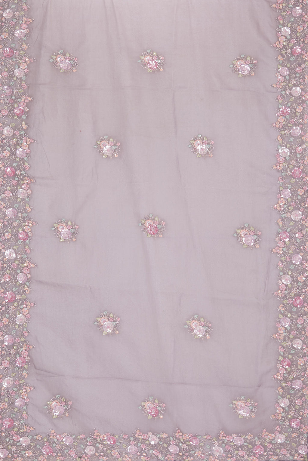 Flat view of Grey Organza Saree with Embroidered on the body and Sequin Border. 