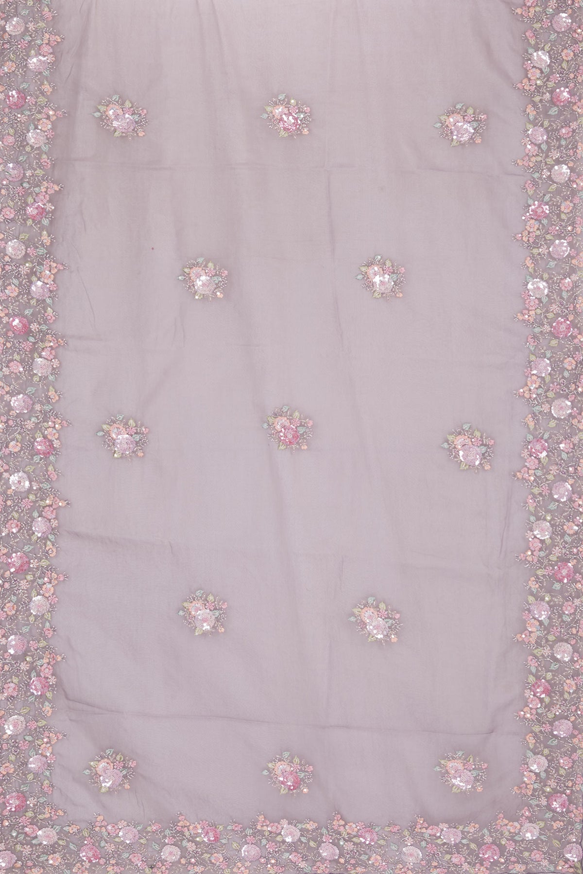 Flat view of Grey Organza Saree with Embroidered on the body and Sequin Border. 