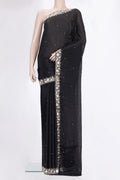 Black Crepe Saree with Embroidered on the body and Embroidered Border.  displayed on a mannequin