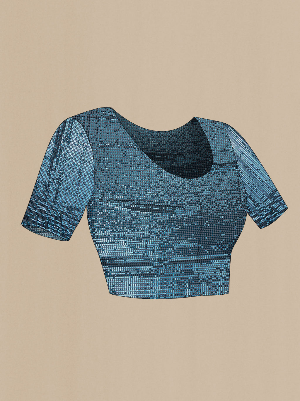 Close up image of the blouse of Navy Blue Dual Tone Georgette Saree with Embroidery on the body and Sequin Border. 