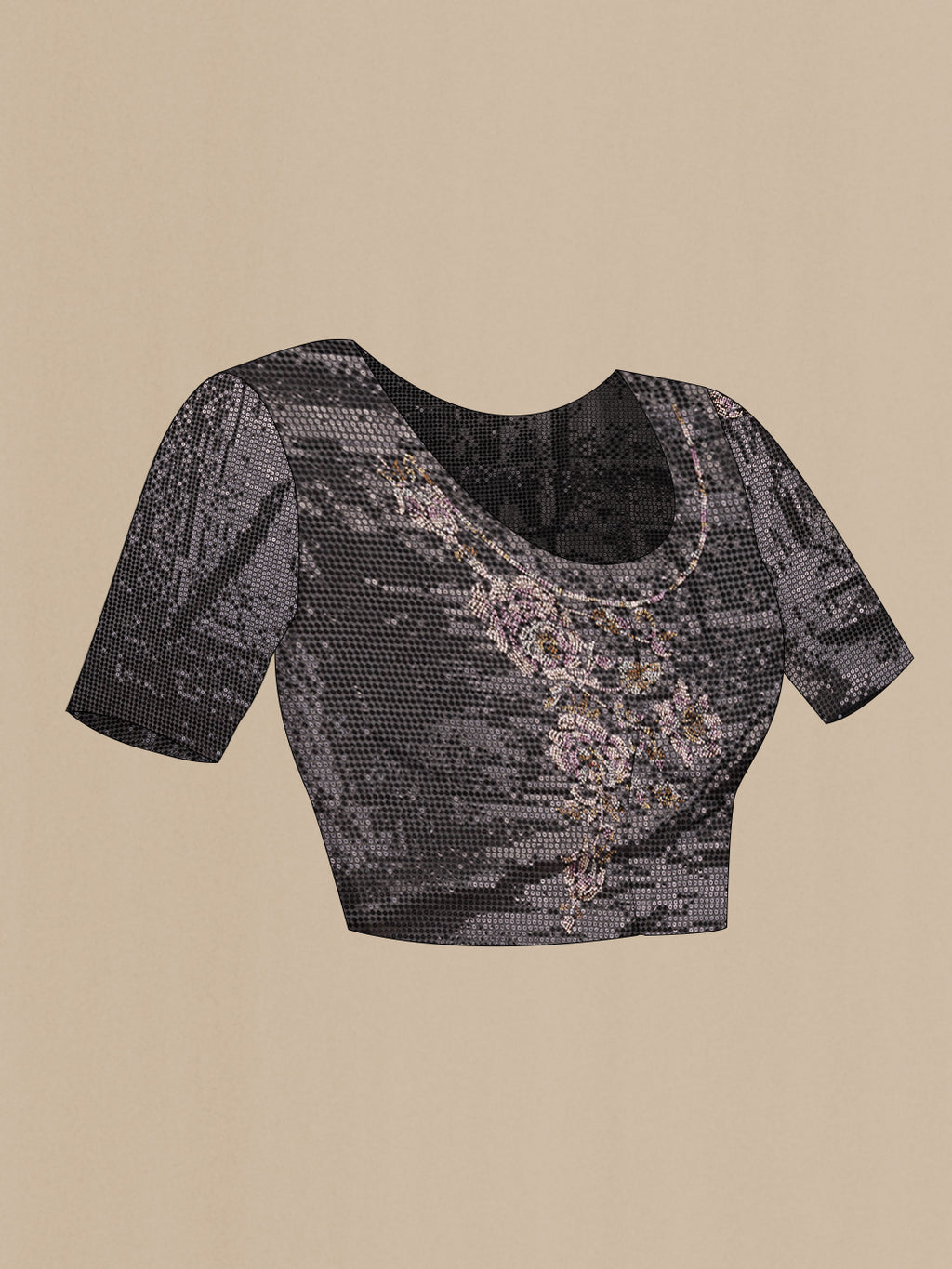 Close up image of the blouse of Black Georgette Saree with Embroidered on the body and Sequin Border. 
