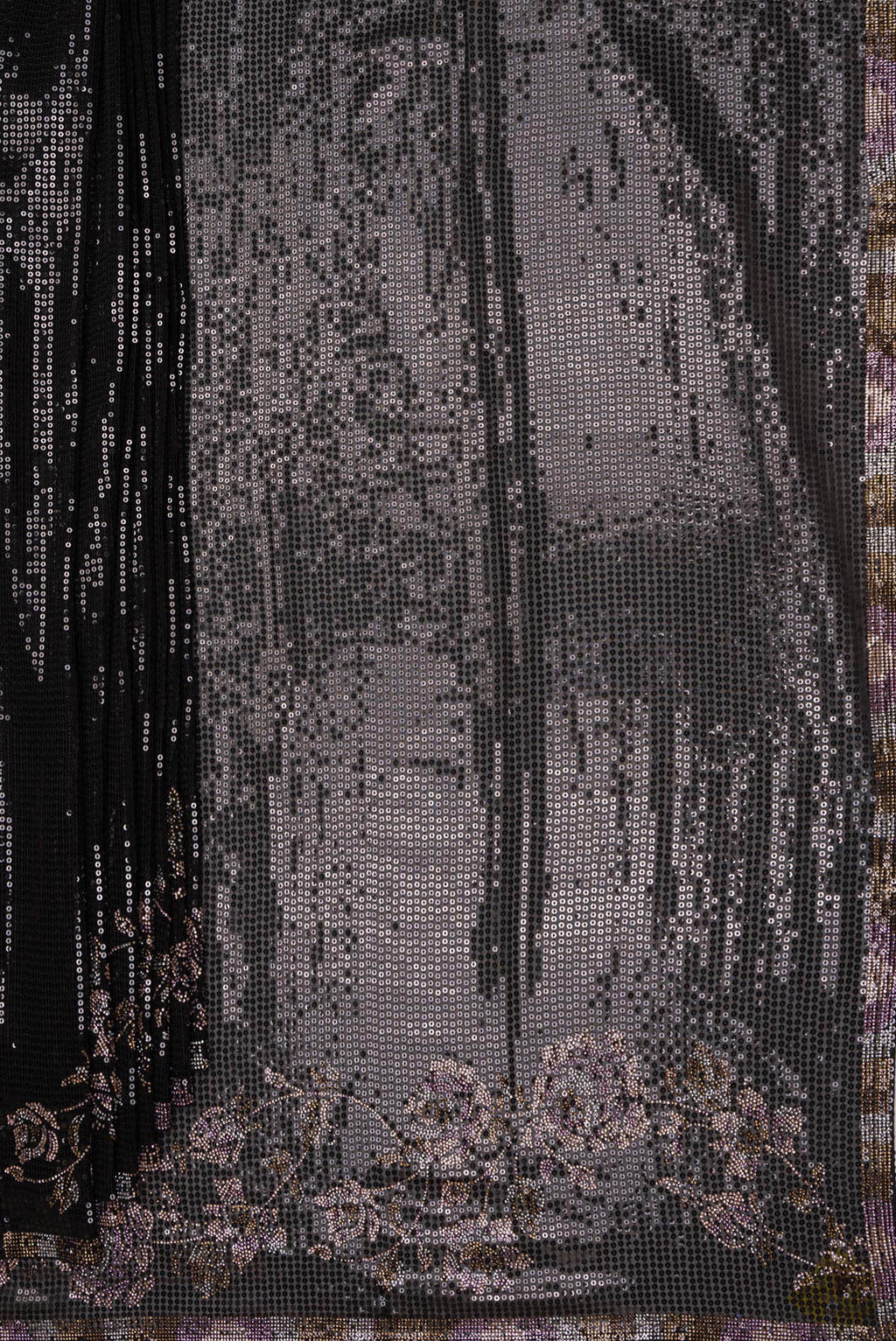 Pleats and pallu of Black Georgette Saree with Embroidered on the body and Sequin Border. 