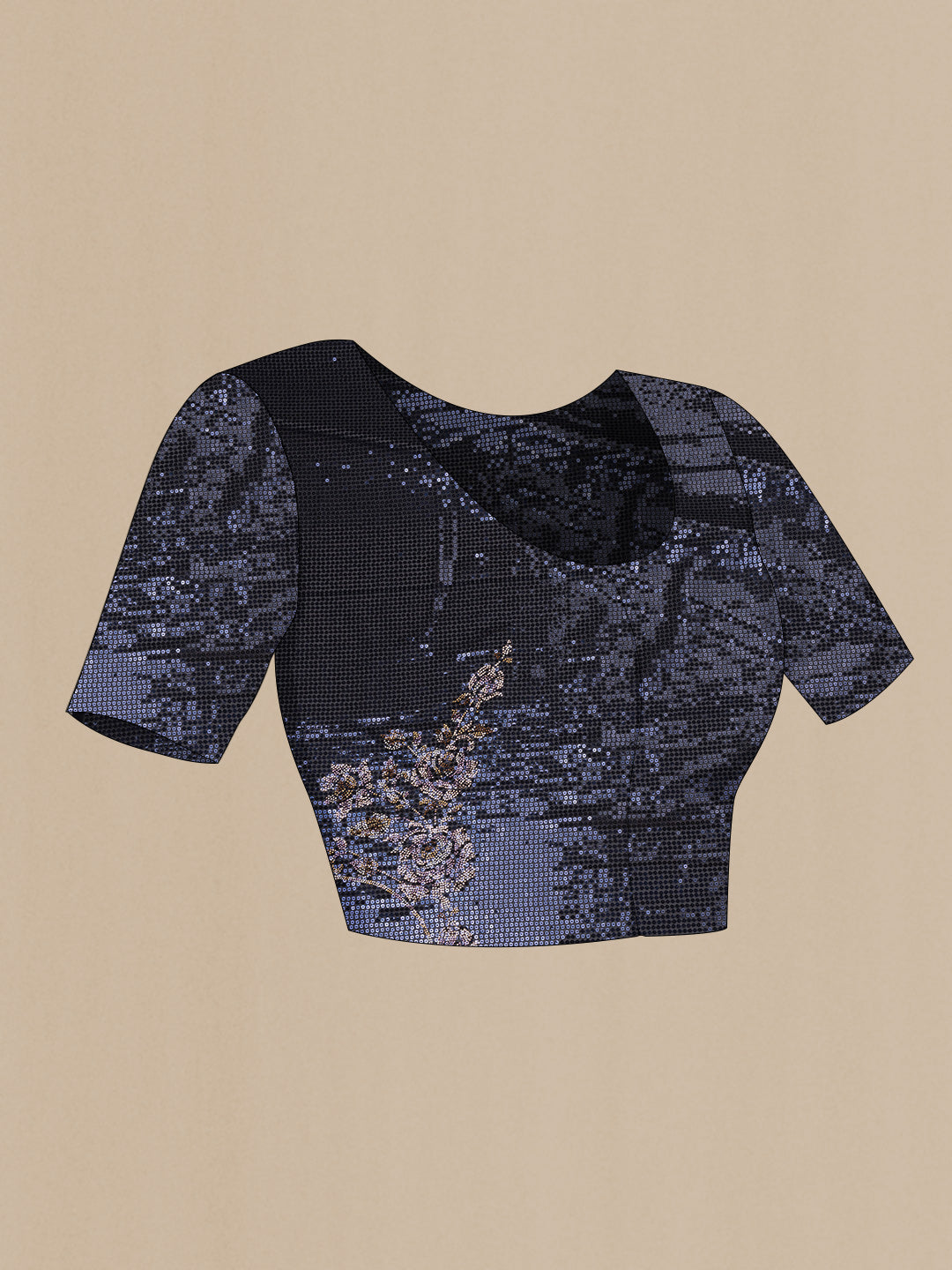 Close up image of the blouse of Navy Blue Georgette Saree with Embroidered on the body and Sequin Border. 