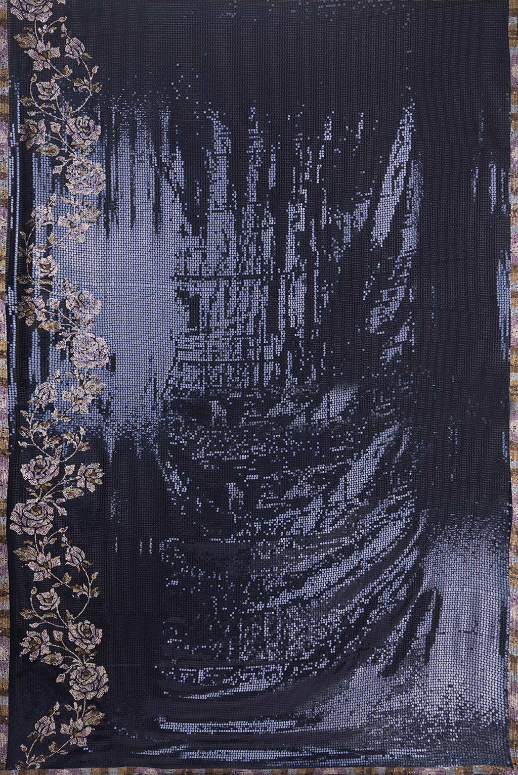 Flat view of Navy Blue Georgette Saree with Embroidered on the body and Sequin Border. 