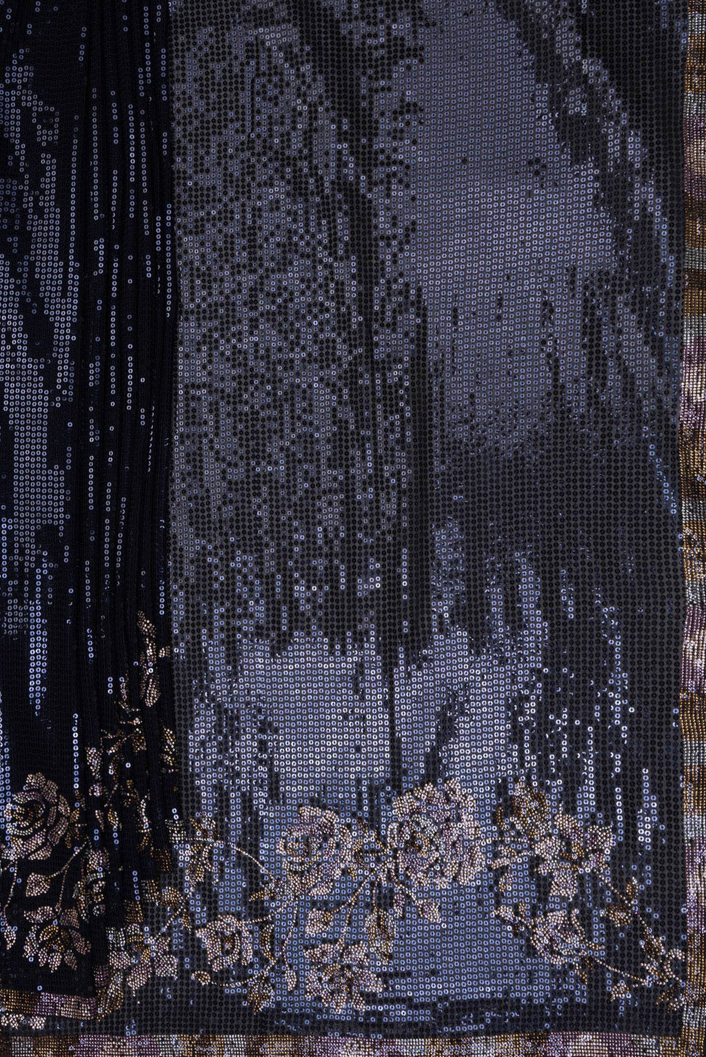 Pleats and pallu of Navy Blue Georgette Saree with Embroidered on the body and Sequin Border. 