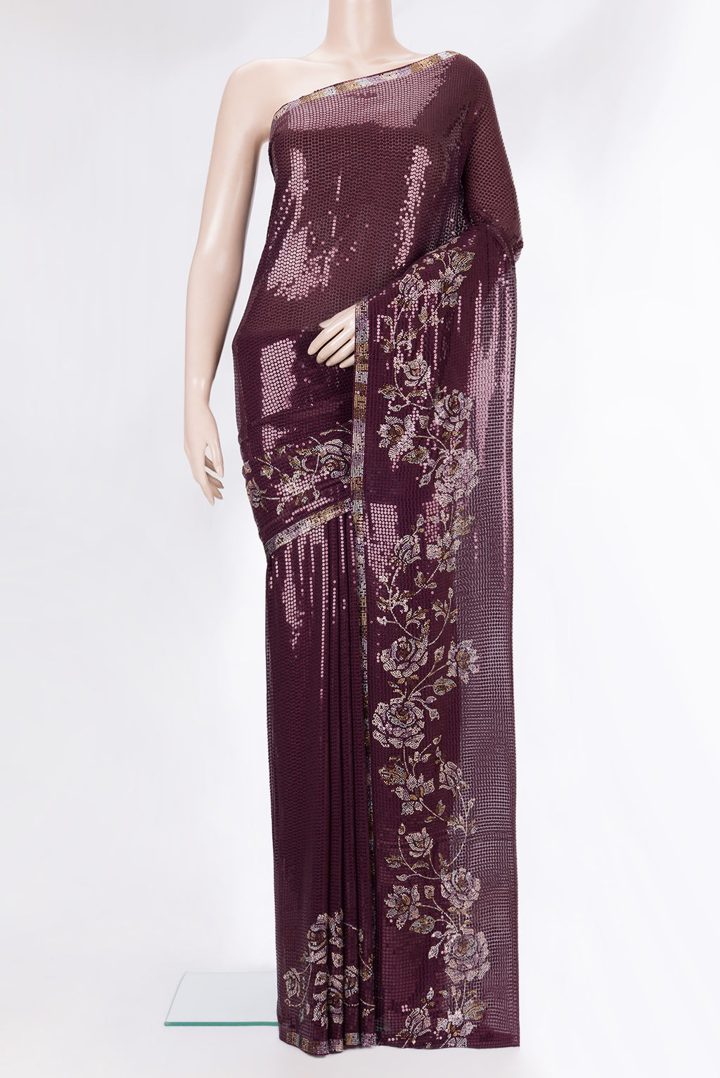 Burgundy Dual Tone Georgette Saree with Embroidery on the body and Sequin Border.  displayed on a mannequin