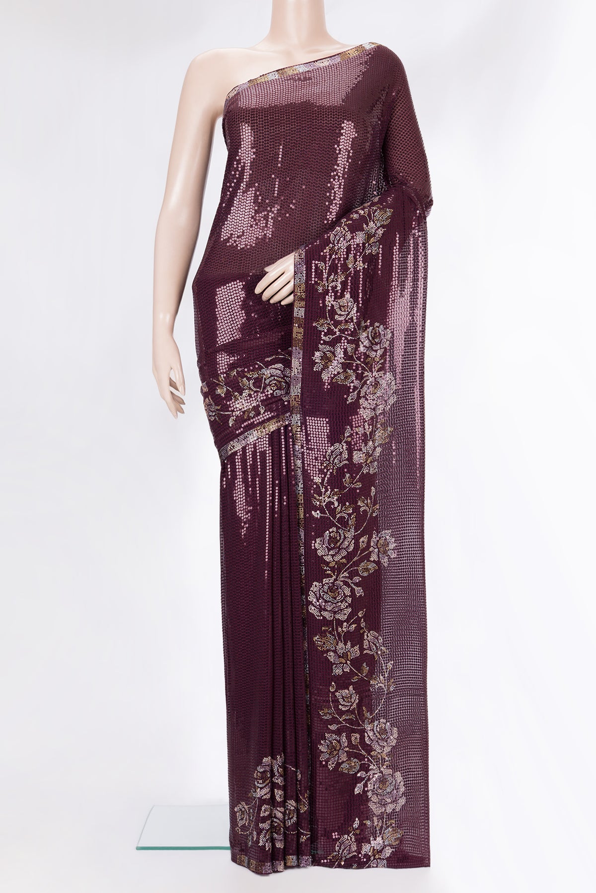 Burgundy Dual Tone Georgette Saree with Embroidery on the body and Sequin Border.  displayed on a mannequin