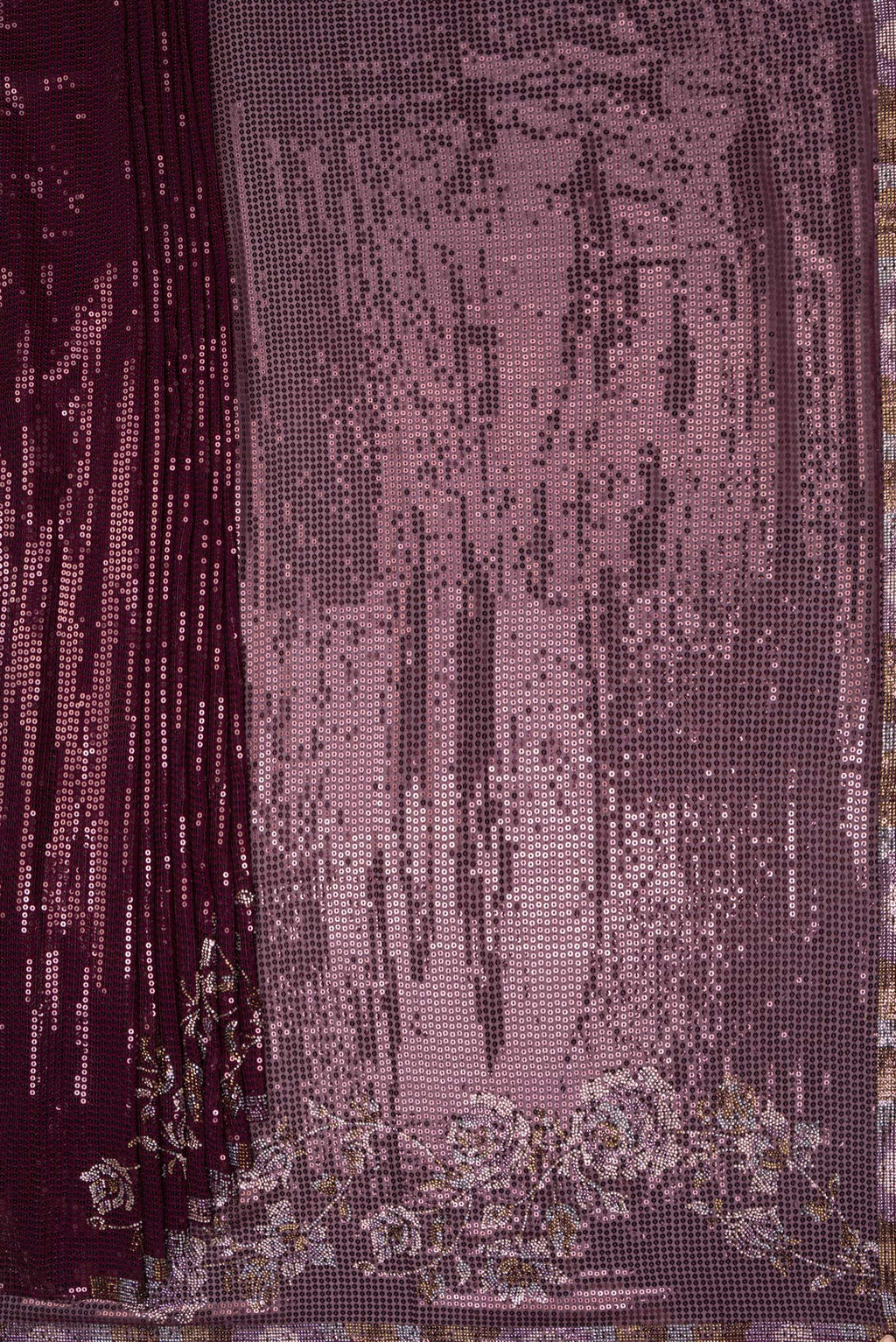 Pleats and pallu of Burgundy Dual Tone Georgette Saree with Embroidery on the body and Sequin Border. 