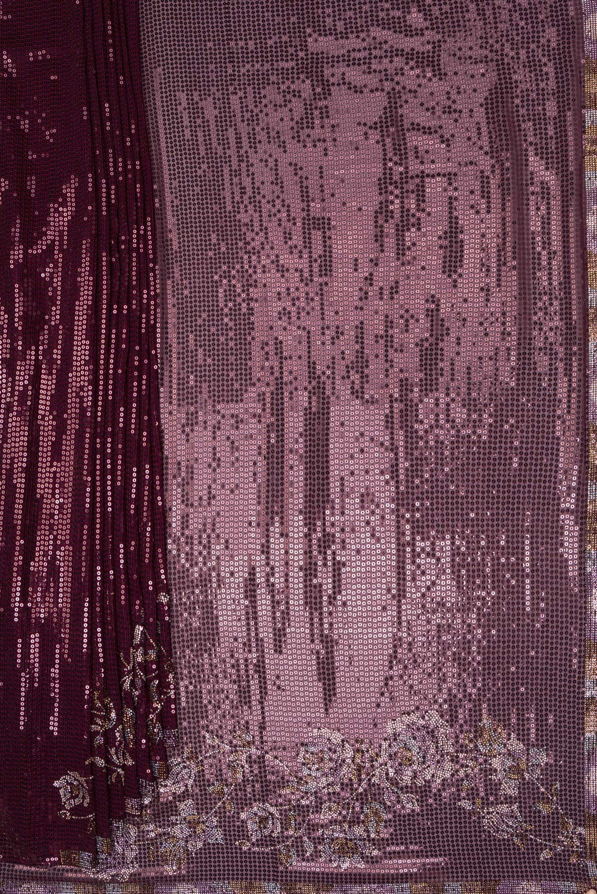 Pleats and pallu of Burgundy Dual Tone Georgette Saree with Embroidery on the body and Sequin Border. 