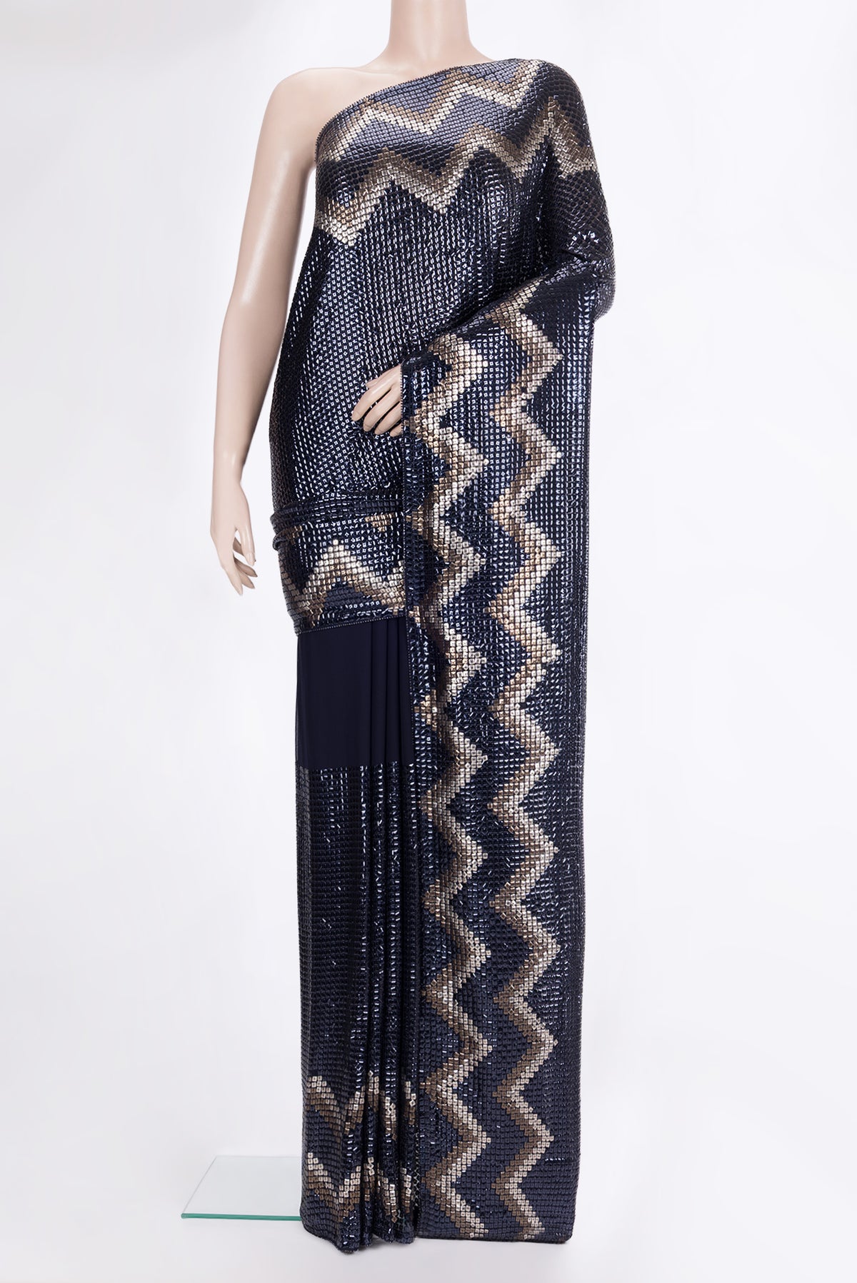 Navy Blue Georgette Saree with Embroidered on the body and Sequin Border.  displayed on a mannequin