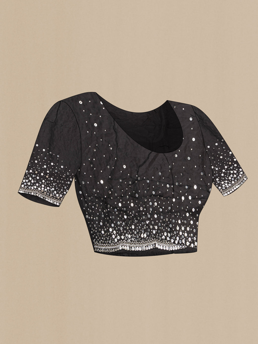 Close up image of the blouse of Black Crepe Saree with Embroidered on the body and Sequin Border. 